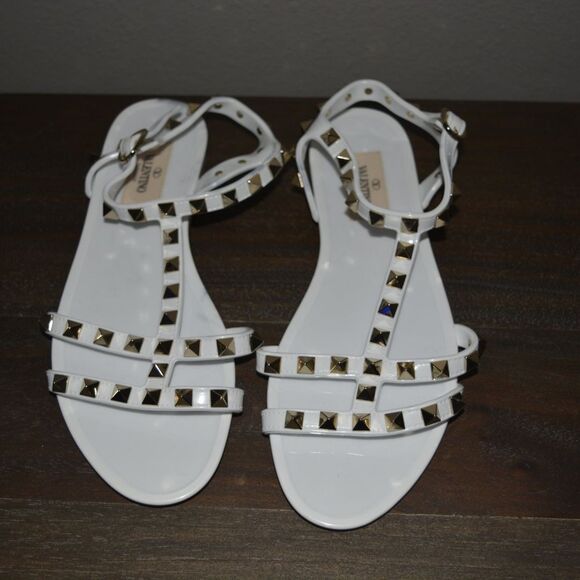 Valentino White Sandals with Gold Studs - Picture 1 of 7